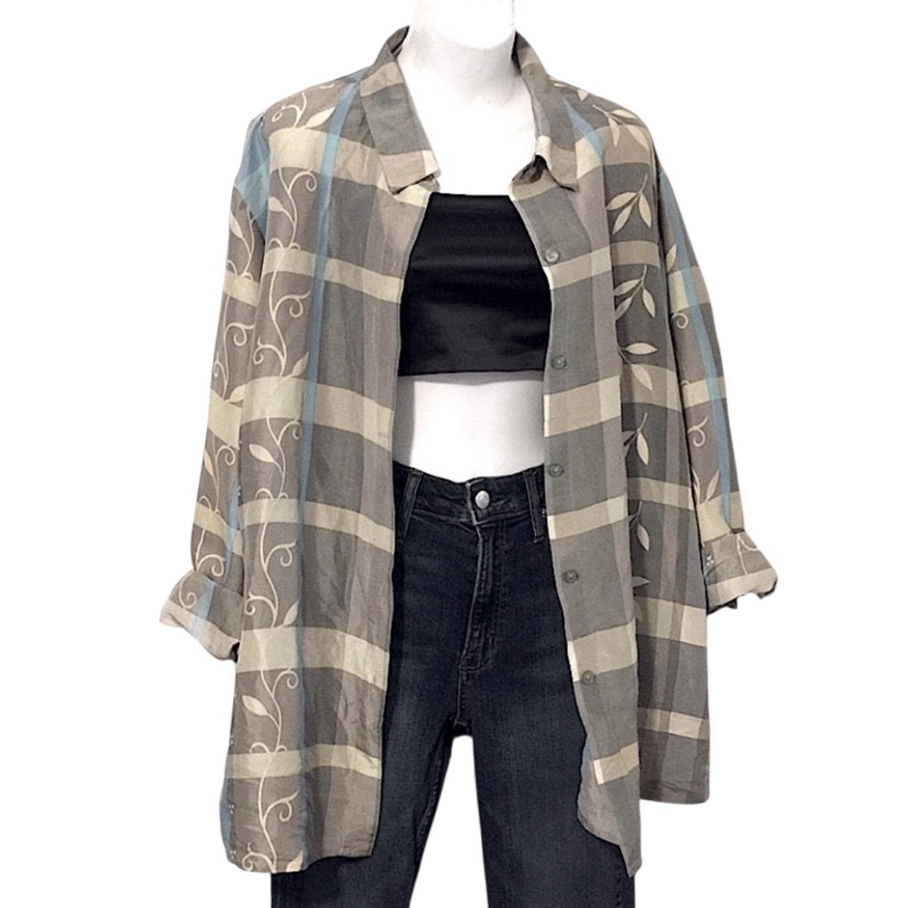 Jessica Holbrook Woman’s Silk Oversized Striped Plaid Printed Button Blouse XXL